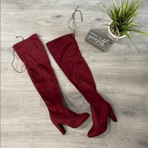 Womens Red velvet knee high heel boots
